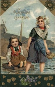 Winsch Valentine Little Dutch Boy and Girl Wading in Water c1910 Postcard