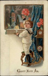 New Year Gott Nitt Ar Little Boy With Flowers Gel Gelatin c1910 Postcard