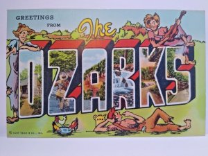 Greetings From Ozarks Missouri Large Letter Postcard Linen Barefoot Men Guitar