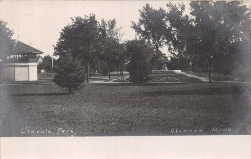 GLENCOE MINNESOTA~LINCOLN PARK~BANDSTAND~REAL PHOTO POSTCARD 1907 PMK