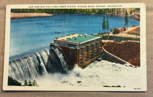 VINTAGE UNUSED LINEN POSTCARD - NINE MILE FALLS & POWER STATION, SPOKANE, WASH.