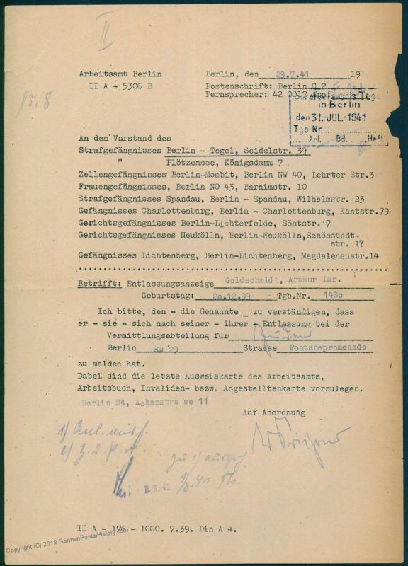 3rd Reich Germany Jewish Persecution Released Prison for Work Detail Berli 86064