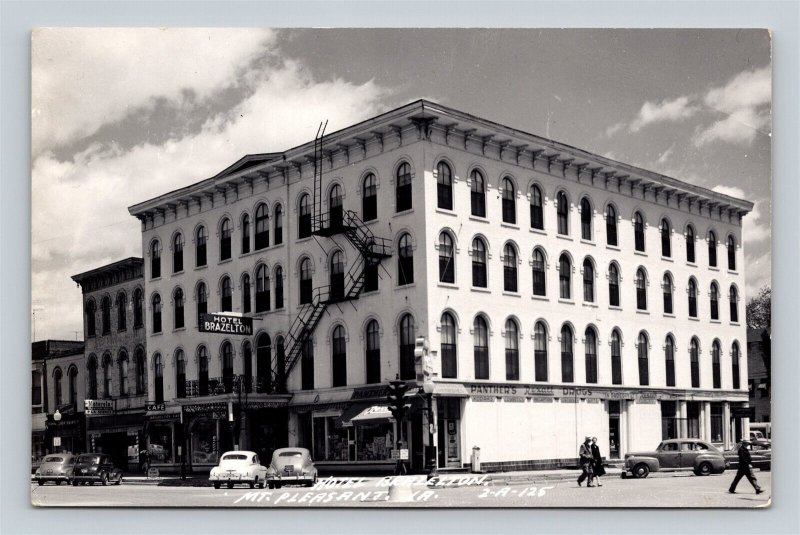 1940's 50's RPPC Hotel Brazelton Mt. Pleasant Iowa Rexall Drug Cafe Cars TV