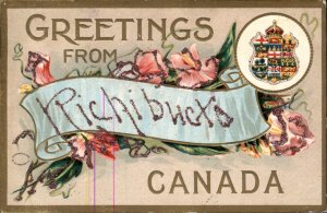 Richibucto New Brunswick Flower Greeting Coat of Arms GLITTER Vintage Postcard