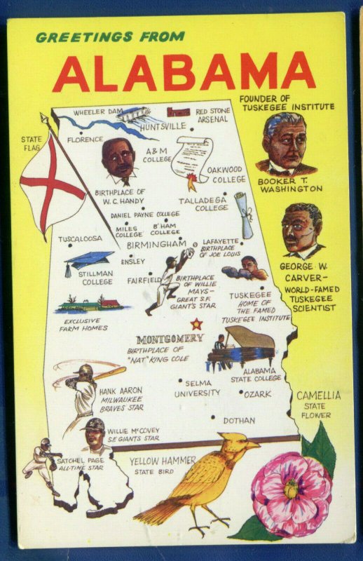 Map of Alabama al Black Americana Carver Hank Aaron old postcard