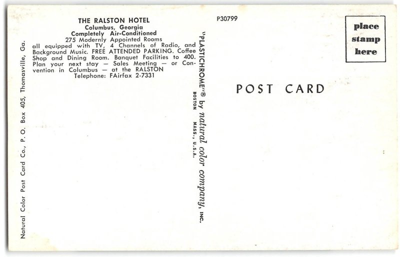 HOTEL RALSTON Columbus, Georgia 1950s Chrome Vintage Postcard