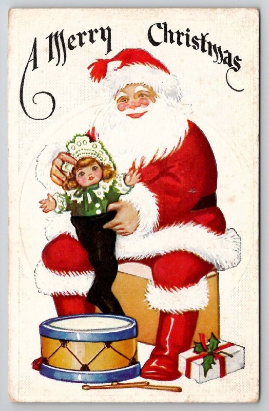 Christmas Santa Claus with Doll Stocking Drum Postcard J22