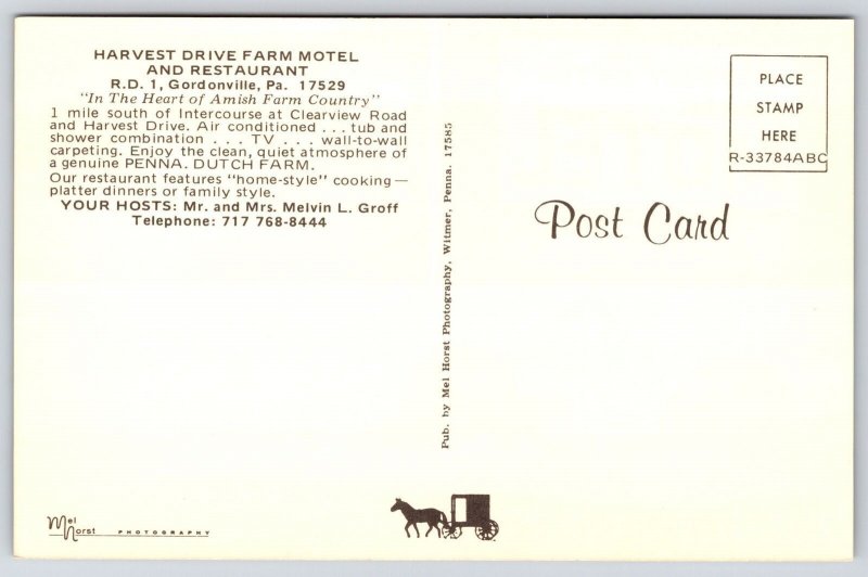 Harvest Drive Farm Motel & Restaurant Gordonville Pennsylvania Amish Postcard