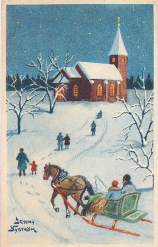 Christmas Greetings from Sweden - Church Horse Sleigh pm 1958 a/s Jenny Nystrom