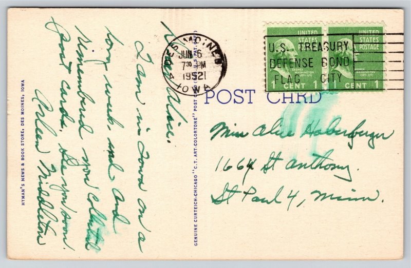 Des Moines Iowa~State Capitol Bldg~Renaissance Revival~PM 1952~Linen Postcard