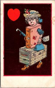 Humor, Woman Dressed in Suitcases, Trunk, Unclaimed Baggage Vintage Postcard Z50