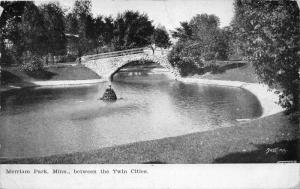 Twin Cities Minnesota~Merriam Park Scene~Fountain in Pond~Stone Bridge~1907 Pc