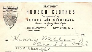 1938 HUDSON CLOTHES GORDON AND SCHULMAN N.Y. YOUNG MENS  BILLHEAD STATEMENT Z500