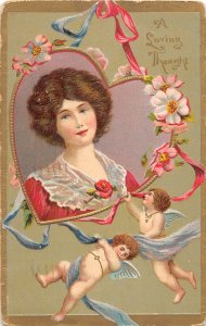 H53/ Valentine's Day Love Holiday Postcard c1910 Pretty Woman Cupids Heart 45