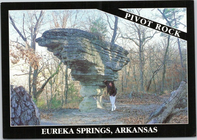 postcard Arkansas - Pivot Rock, Eureka Springs, Arkansas - woman in 1980s outfit