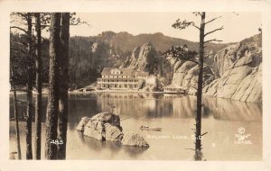 RPPC, Sylvan Lake, SD South Dakota  RESORT~LAKE PAVILION~BOAT   1928 Postcard