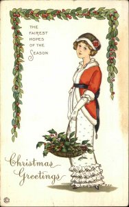 MEP Christmas Stecher 416C Beautiful Woman Basket of Holly Vintage Postcard