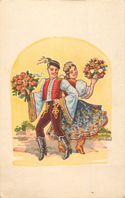 Hungarian drawn folk dancers postcard 1942, Hungary greetings