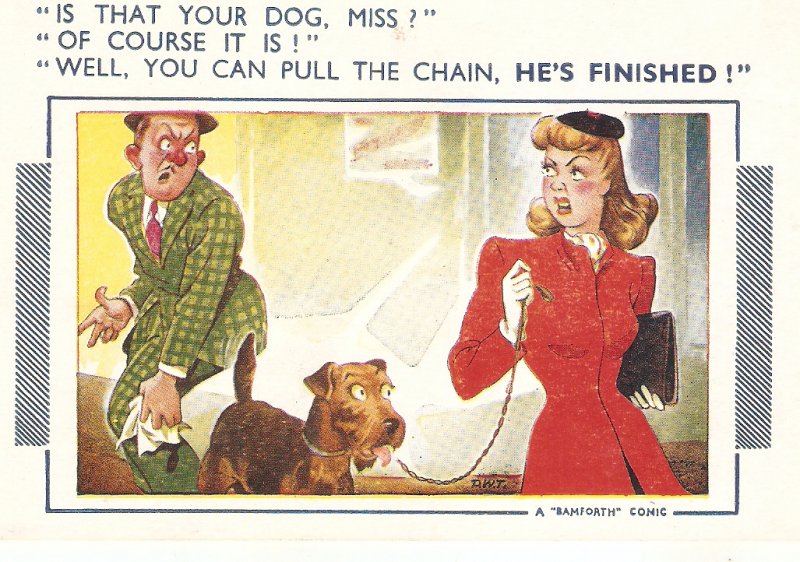 Is that yur dog, Miss?. Of course it i. Bamforth Comic Series postcard No. 451