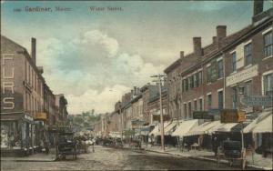 Gardiner ME Water St. Visible Stores Signs - Quality Printing c1905 Postcard