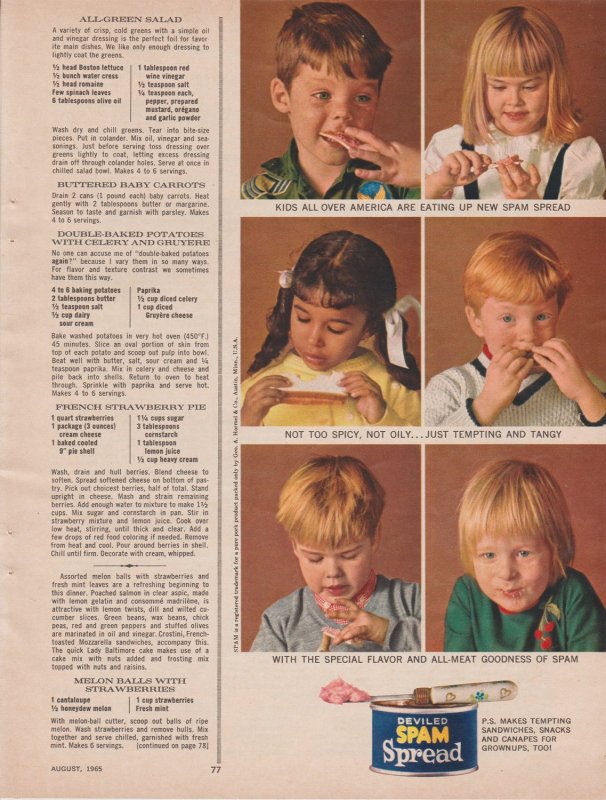 1965 Print Ad Deviled Spam Spread, 6 Kids Eating Spam Spread 5 1/3 x 11