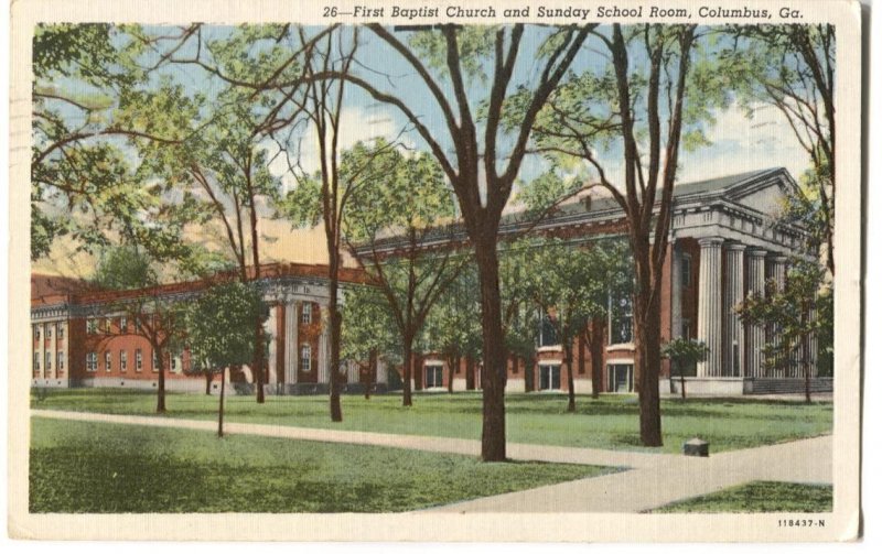 Postcard First Baptist Church and Sunday School Room Columbus GA