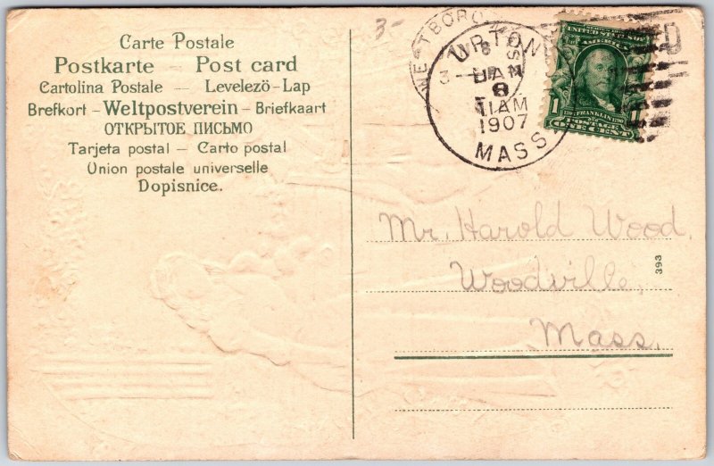 Romantic Renaissance, 1907 Couple In Floral Frame & Classical Columns, Postcard