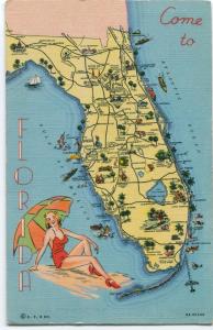 1940s Come To Florida Linen Teich Postcard