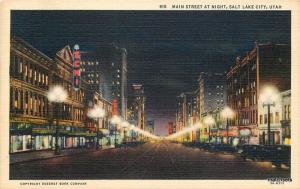 1930s Main Street Night Neon autos  Salt Lake City Utah linen Teich 6004