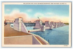 c1940 Roller Dam Locks Davenport River Lake Iowa Rock Island Illinois Postcard 