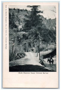 c1905 Horse Riding, Bridge, North Cheyenne Canon, Colorado Springs CO Postcard