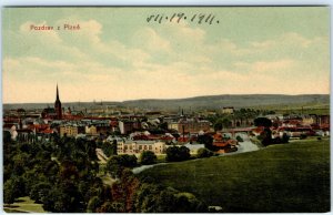 c1910s Plzen, Czech Republic Postcard Panoramic Town River Bridge Churches A368