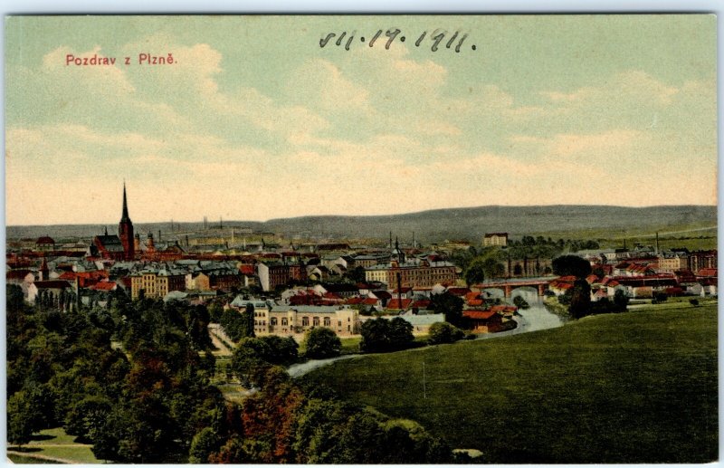 c1910s Plzen, Czech Republic Postcard Panoramic Town River Bridge Churches A368