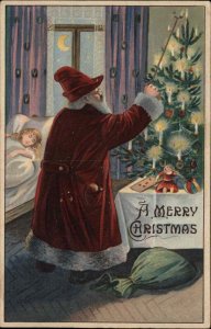 Antique Postcard CHRISTMAS Santa Claus Lights Candles on Tree