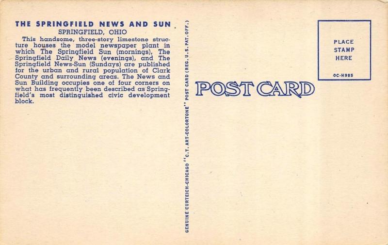 OH, Ohio  SPRINGFIELD NEWS & SUN Newspaper Plant c1940's Curteich Linen Postcard