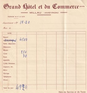 Grand Hotel Et Du Commerce Millau France 1955 Receipt