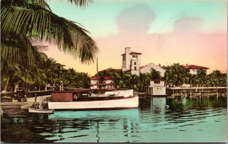 Hand Colored Postcard Everglades Club Yacht Basin Palm Beach Florida~1931