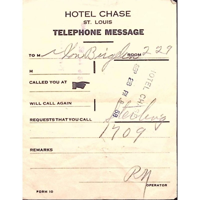 1944 ST LOUIS MISSOURI HOTEL CHASE TELEPHONE MESSAGE NOTICE Z152