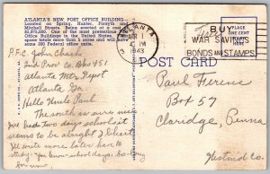 Vtg Atlanta Georgia GA US Post Office 1940s View Linen Postcard