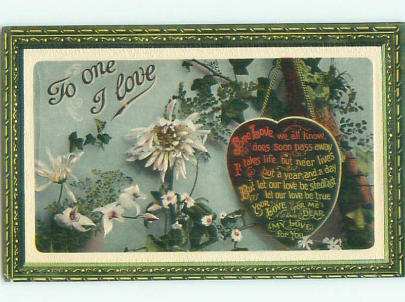 Pre-Linen valentine THE ONE I LOVE - HEART HANGS FROM CHAIN WITH FLOWERS J1053