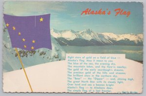 Alaska~State Flag Beside Snow-Capped Mountains~Poem Below~Continental Postcard