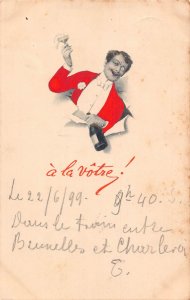 Greetings A la Votre! 1899 Gentleman Red Costume Champagne Bottle postcard C354
