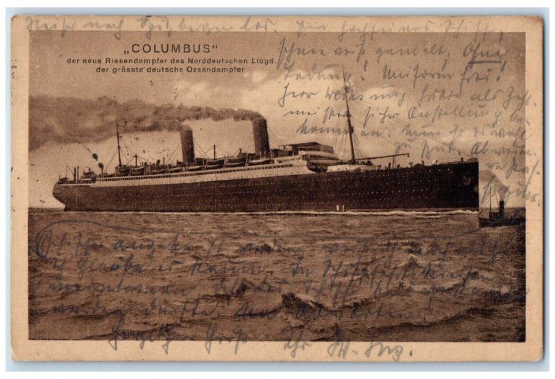 1924 North German Lloyd Bremen Germany Steamer Columbus Germany Postcard