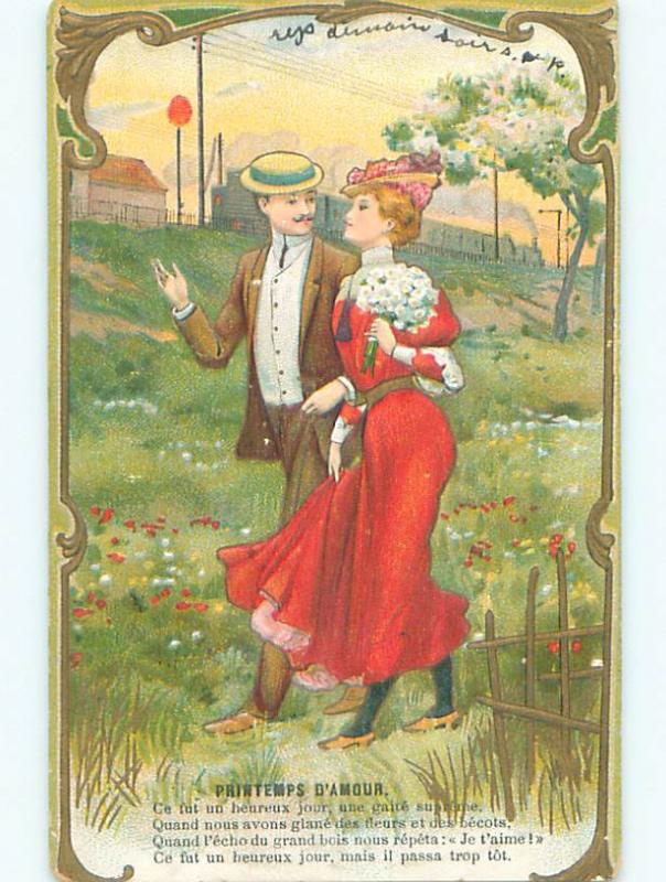 Pre-Linen foreign PRETTY FRENCH WOMAN WITH FLOWER BOUQUET WALKS WITH MAN J0459