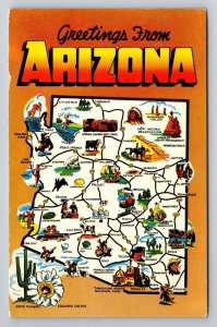 Arizona State Map Postcard Greetings From Saguaro Cactus Blossom Posted 1960