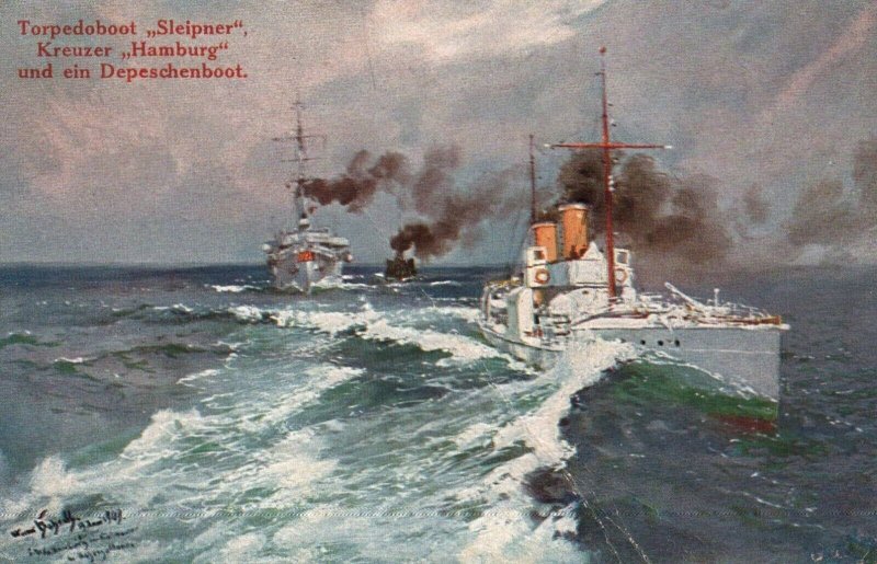 WWI German Imperial Navy SMS Hamburg and Torpedo Boat Sleipner w/ dispatch boat