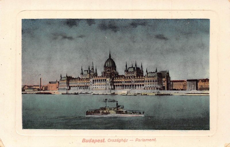 Hungary Budapest Parliament at night steamboat passepartout vintage postcard