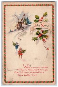 1917 Christmas Boy Girl Ice Skating Holly Berries Windmill Chicago IL Postcard