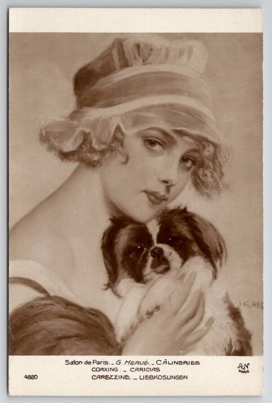 Pretty Lady With Pekingese Dog c1910 By G Herve Salon De Paris Postcard A38