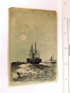 Lovely Side Paddle River Boat Steamer Lighthouse Moon Victorian Trade Card F46